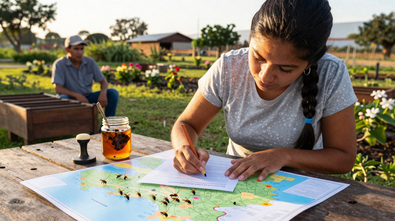 Woman writing on paper over a map with a jar of honey and beekeeper in a garden in the background.