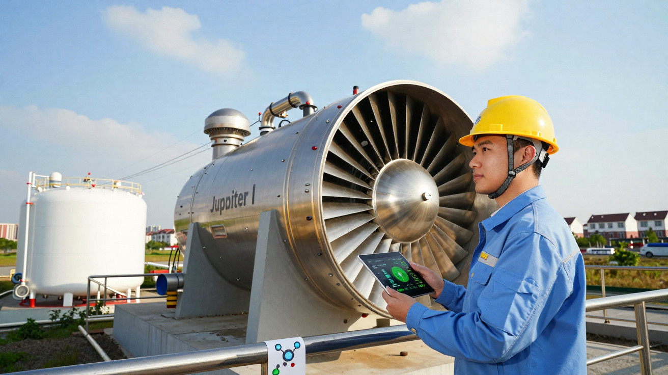 Engineer in a yellow hard hat using a tablet to inspect a large silver industrial turbine labelled Jupiter I.