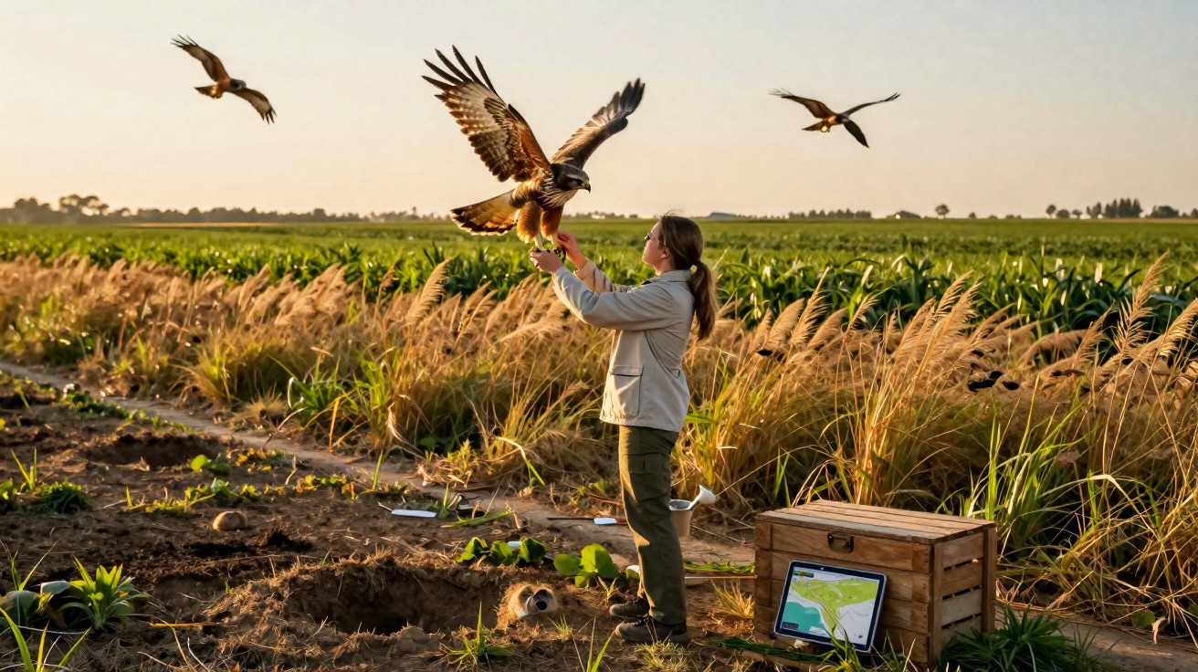Woman in field releasing hawk with two other hawks flying nearby at sunset.