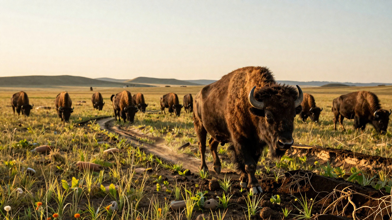 Herd of bison walking along a dirt path in a grassy plain under a clear sky at sunset.