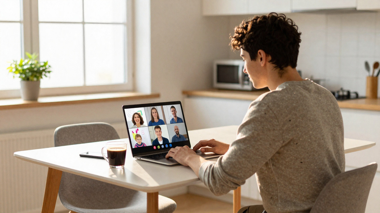 Young man in grey sweater having a video call with six people on a laptop in a bright kitchen.
