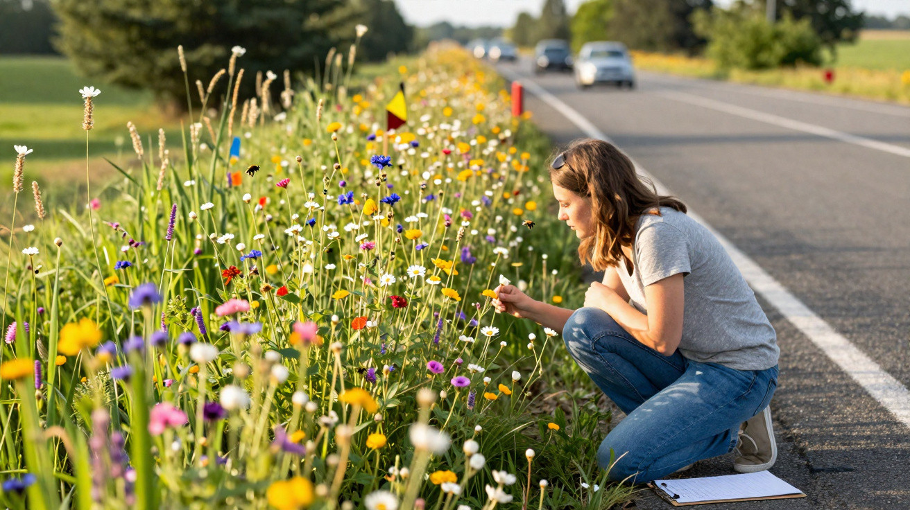 Woman kneeling by a roadside wildflower meadow, gently touching a flower on a sunny day.