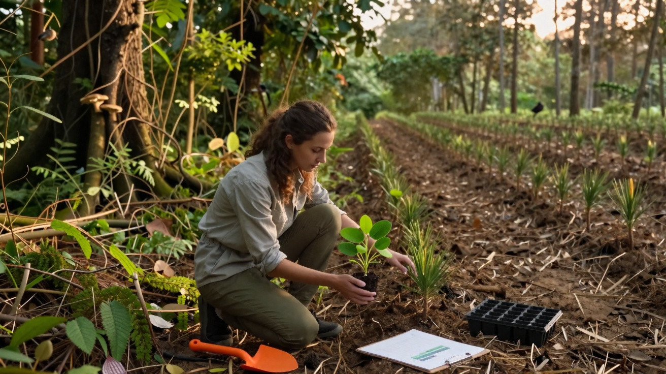 Woman in a field planting a seedling in soil with gardening tools and a clipboard nearby at sunset.