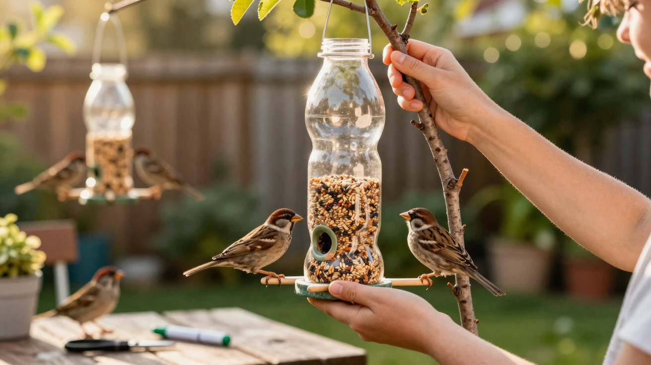 Person holding homemade bird feeder made from plastic bottle with sparrows eating seeds in garden.