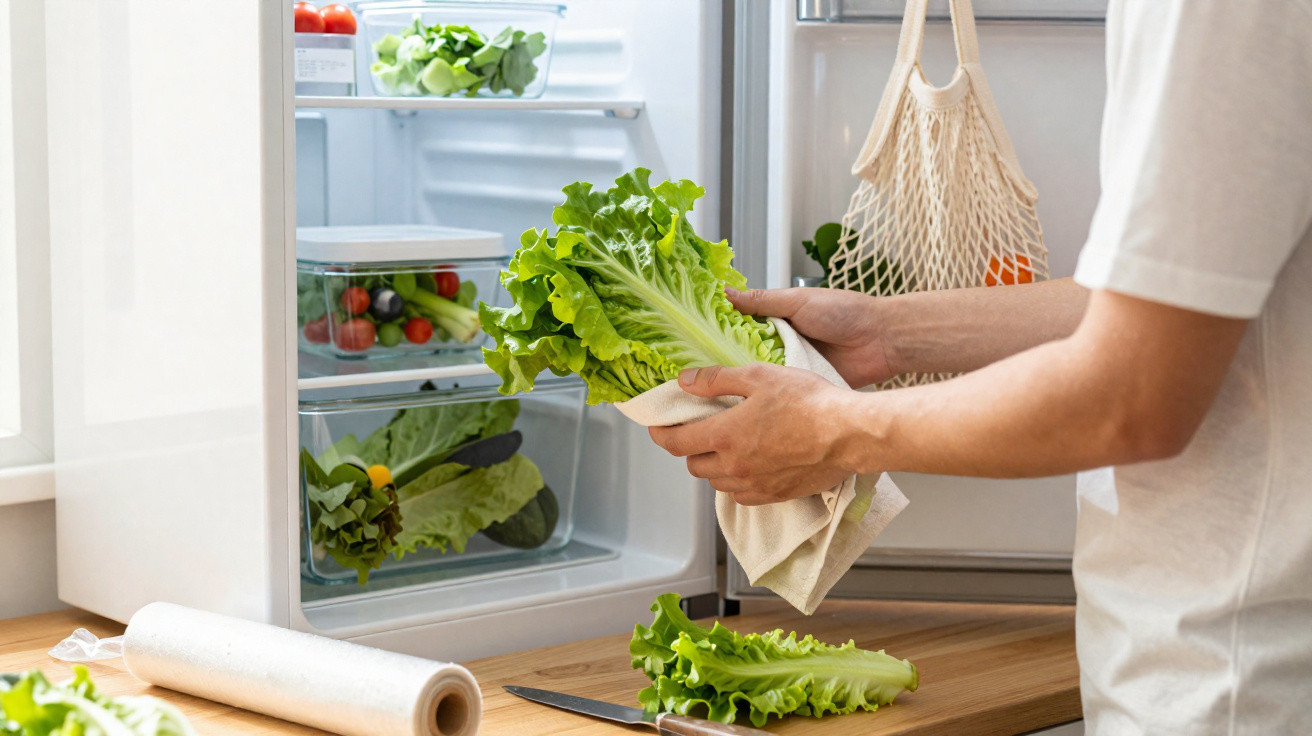Person placing fresh lettuce into an organised fridge with vegetables on a kitchen counter.
