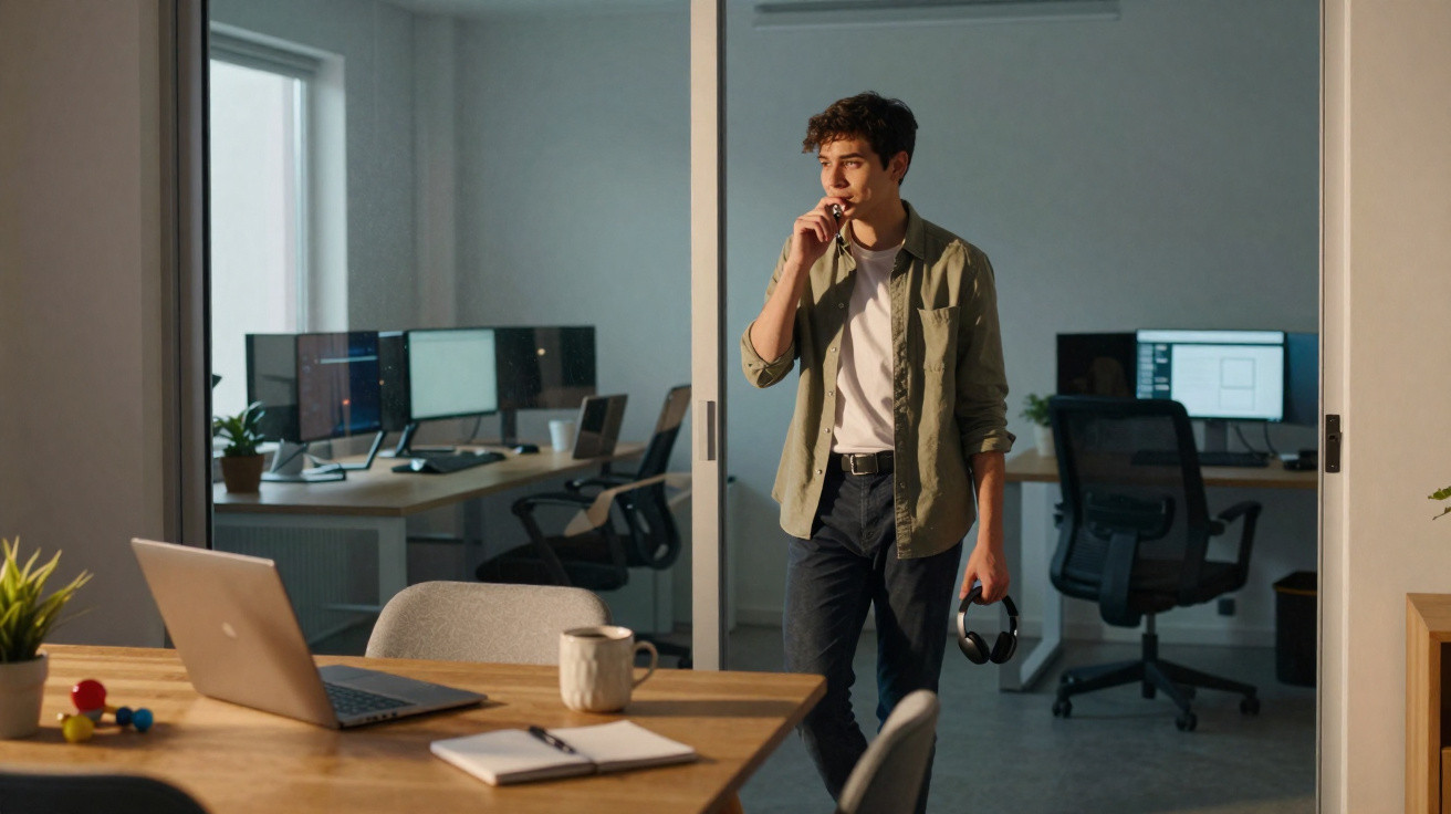 Young man standing in office doorway holding headphones and biting pen, with desk and laptop in foreground.
