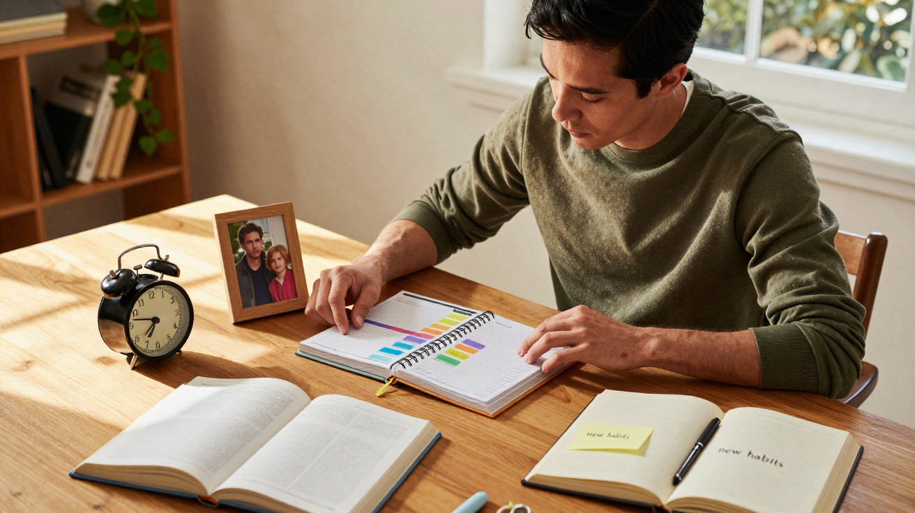 Man studying charts and notes at a wooden table with books, an alarm clock, and a family photo in natural light.