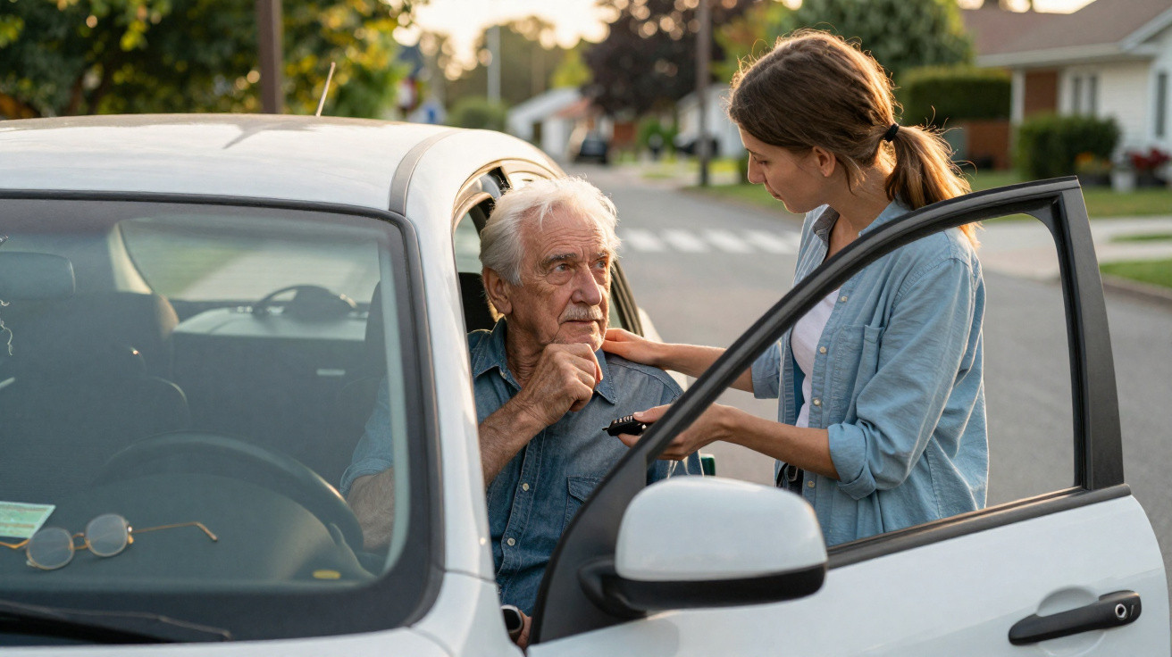 Young woman offering car keys to elderly man sitting in driver’s seat of a white car on a suburban street.