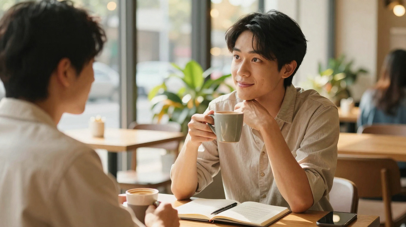 Two young men having coffee and conversation at a café table with an open notebook and phone.