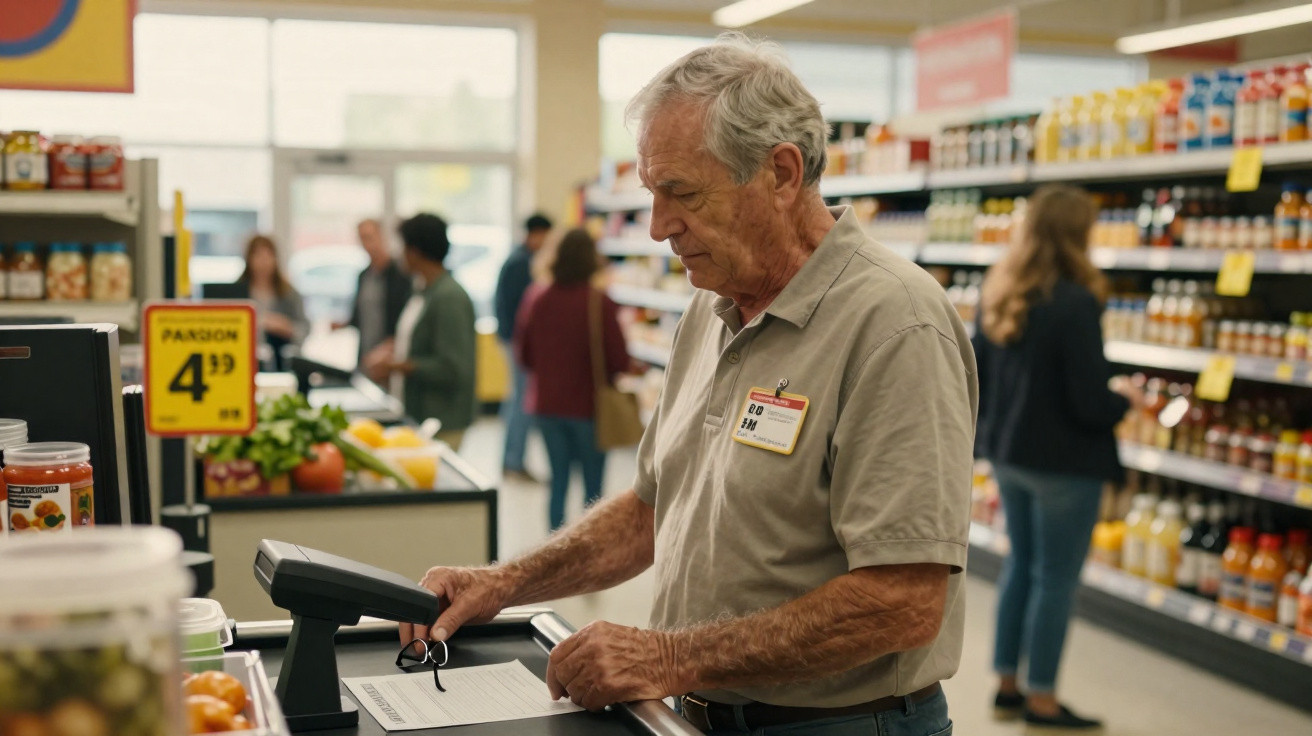 Elderly man scanning items at supermarket checkout counter with shelves and customers in background.