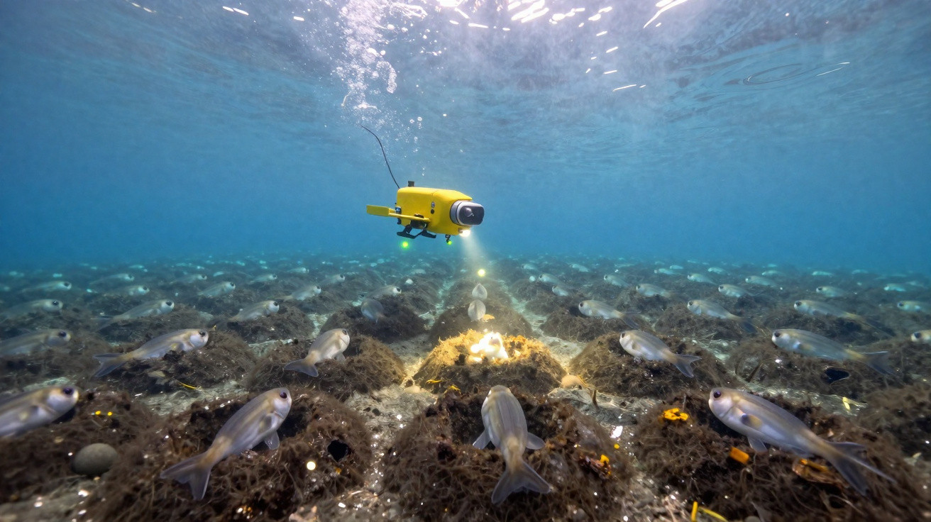 Yellow underwater drone with lights exploring fish swimming over sea floor covered in rocks and marine plants.