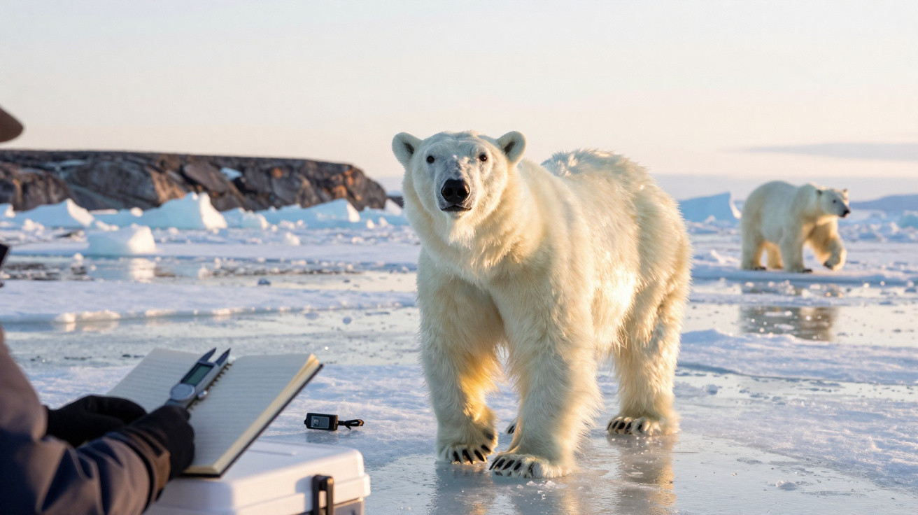 Two polar bears walking on ice near a researcher taking notes in the Arctic at sunset.