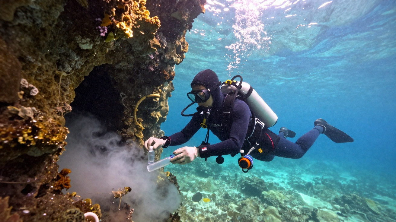 Scuba diver in full gear collecting a water sample near a coral reef underwater.