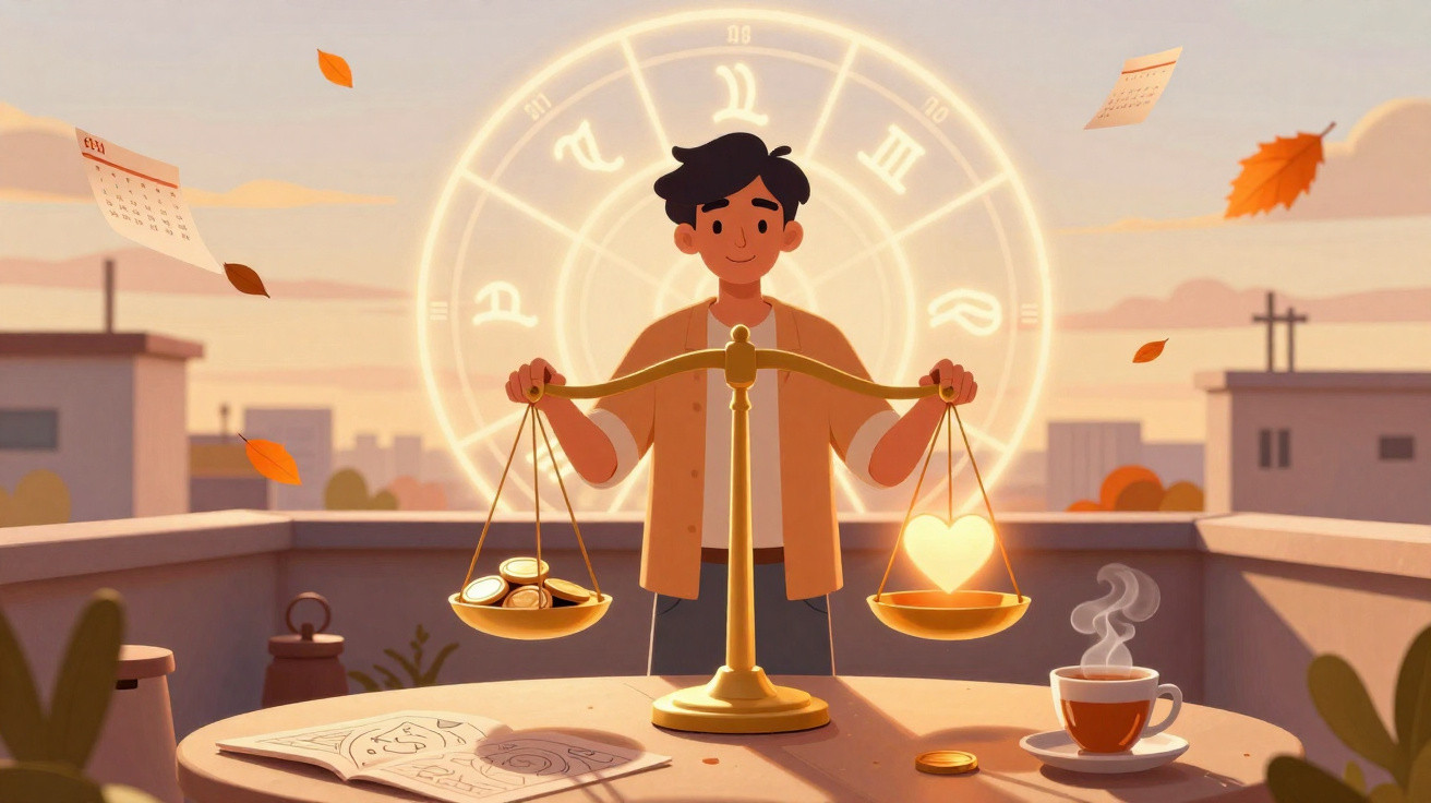 Person holding a golden balance scale with coins on one side and a glowing heart on the other, zodiac signs in background.