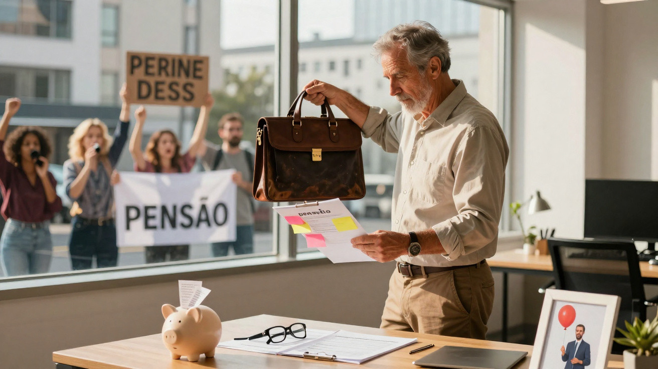 Older man in office holding briefcase and documents, protesters with pension signs outside the window.