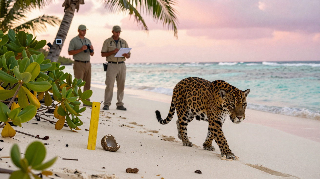 Jaguar walking along a tropical beach with two researchers observing and taking notes in the background.