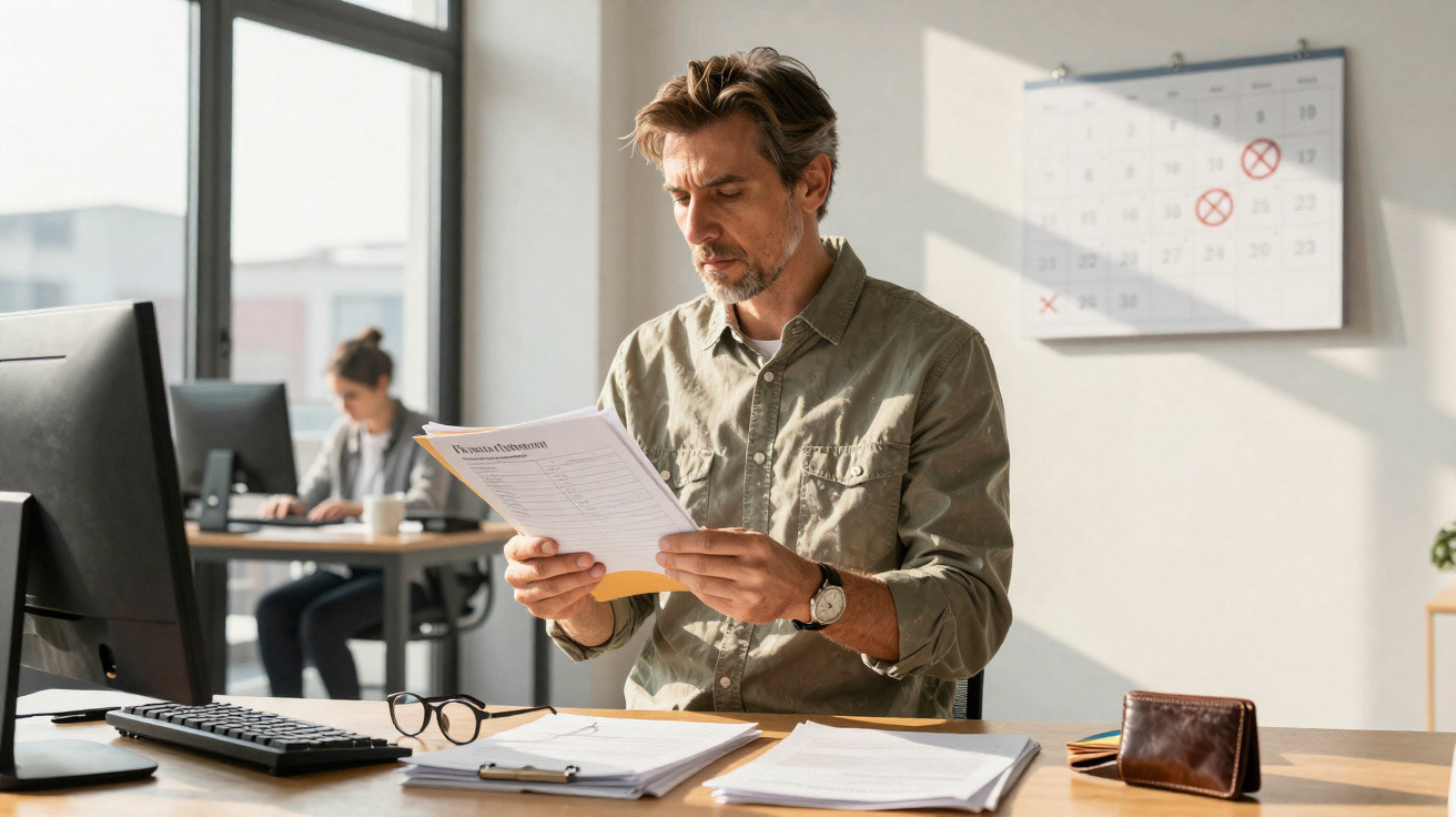 Man reviewing documents at desk in bright office with calendar marked on wall behind him.