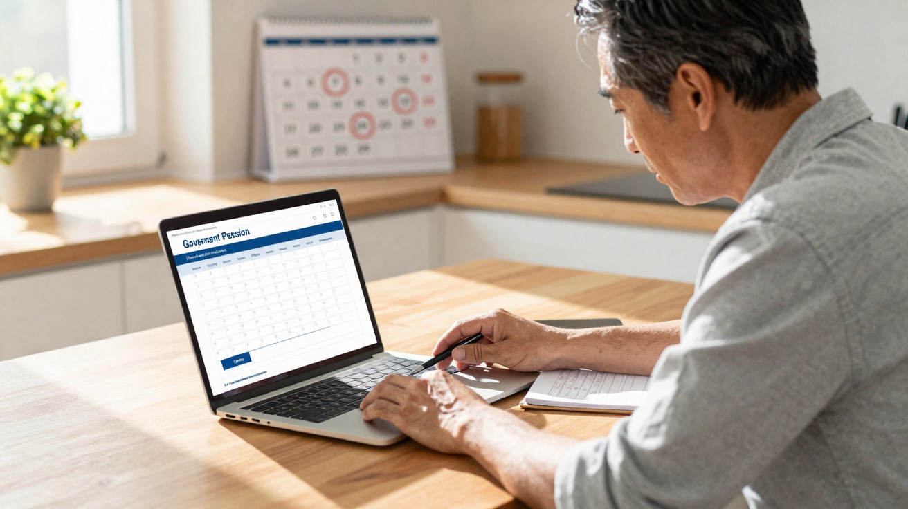 Older man using laptop to fill out government pension form at wooden kitchen table with calendar in background