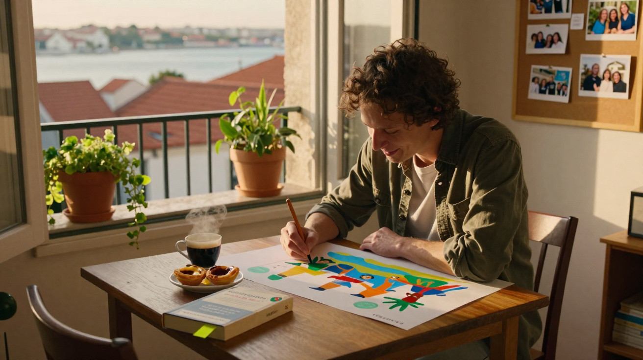 Young man painting colourful abstract art at wooden table near window with coffee and pastries nearby