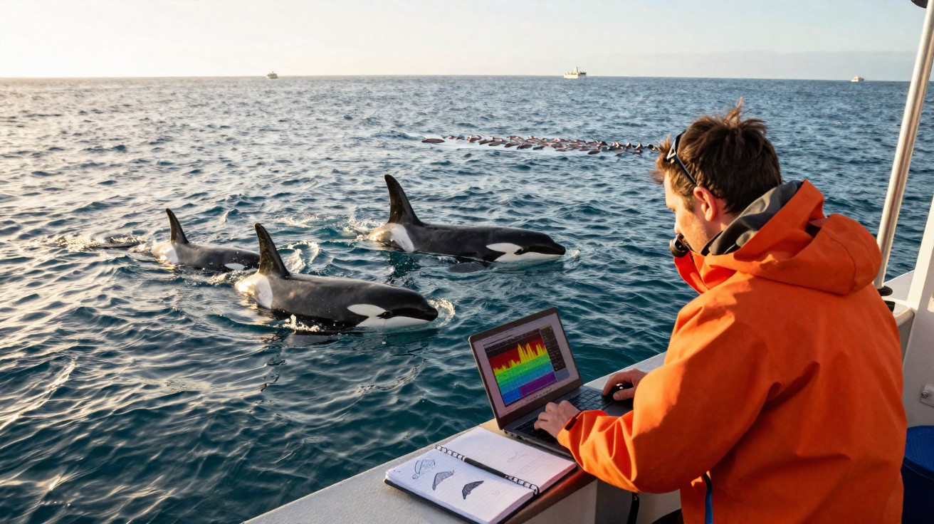Researcher in an orange jacket studies orcas swimming beside a boat using a laptop and notebook at sea.