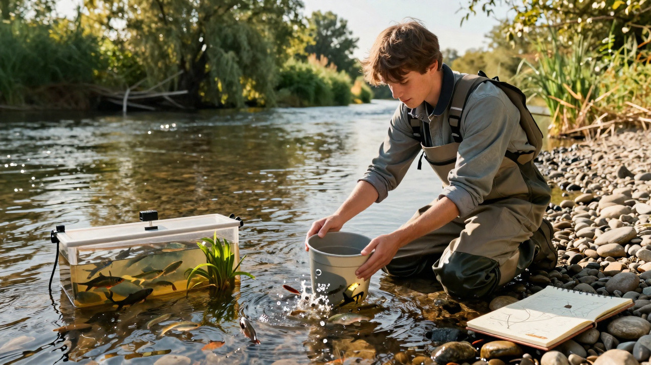 Young man in waders releasing fish from a bucket into a river beside a tank of fish and an open notebook on pebbles