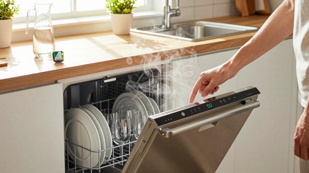 Hand opening a steaming open dishwasher with clean dishes inside in a bright kitchen.