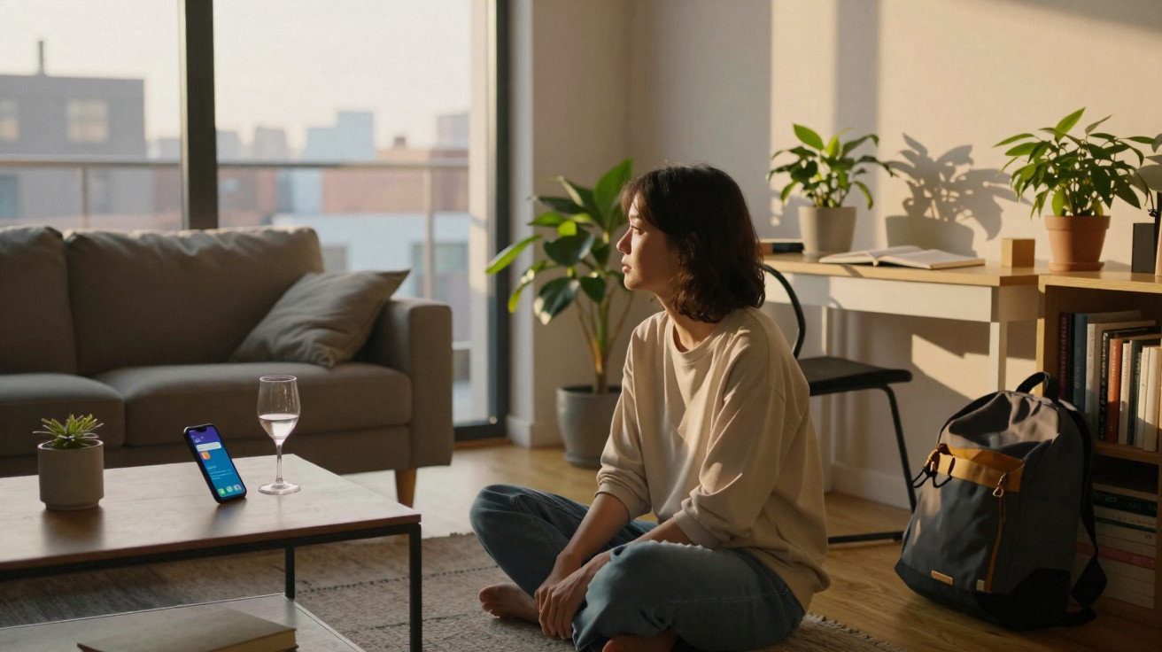 Woman sitting cross-legged on the floor in a sunlit living room with plants, a backpack, and a phone on the table.
