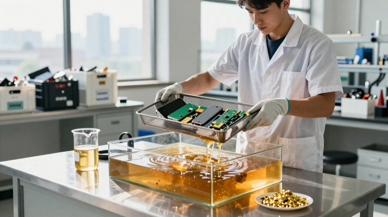 Scientist in a lab coat dipping electronic circuit boards into a liquid-filled glass tank for testing.