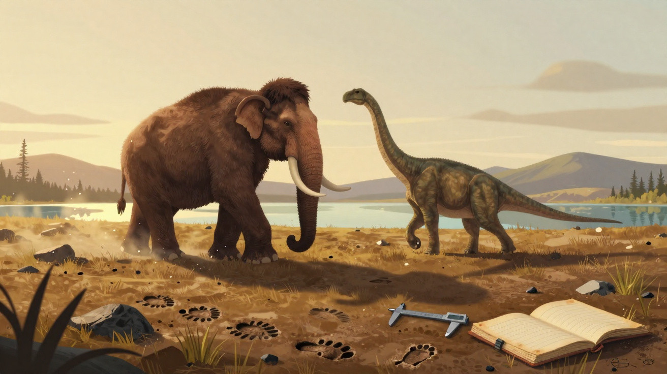 Woolly mammoth and long-necked dinosaur meet near a lake with footprints, caliper, and open notebook on the ground.