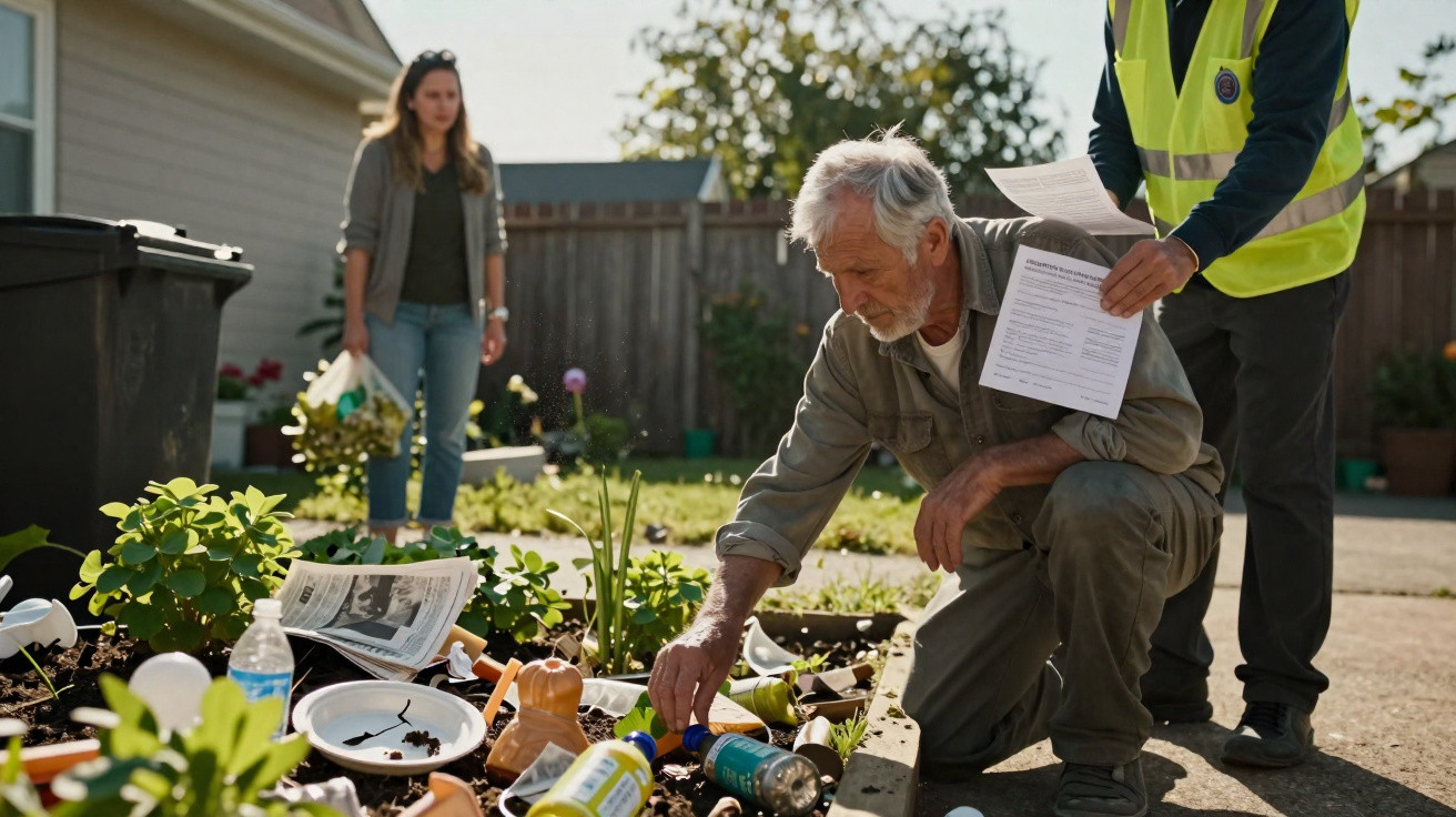 Senior man inspecting discarded rubbish bags with official in high-visibility vest handing over documents, woman observing.