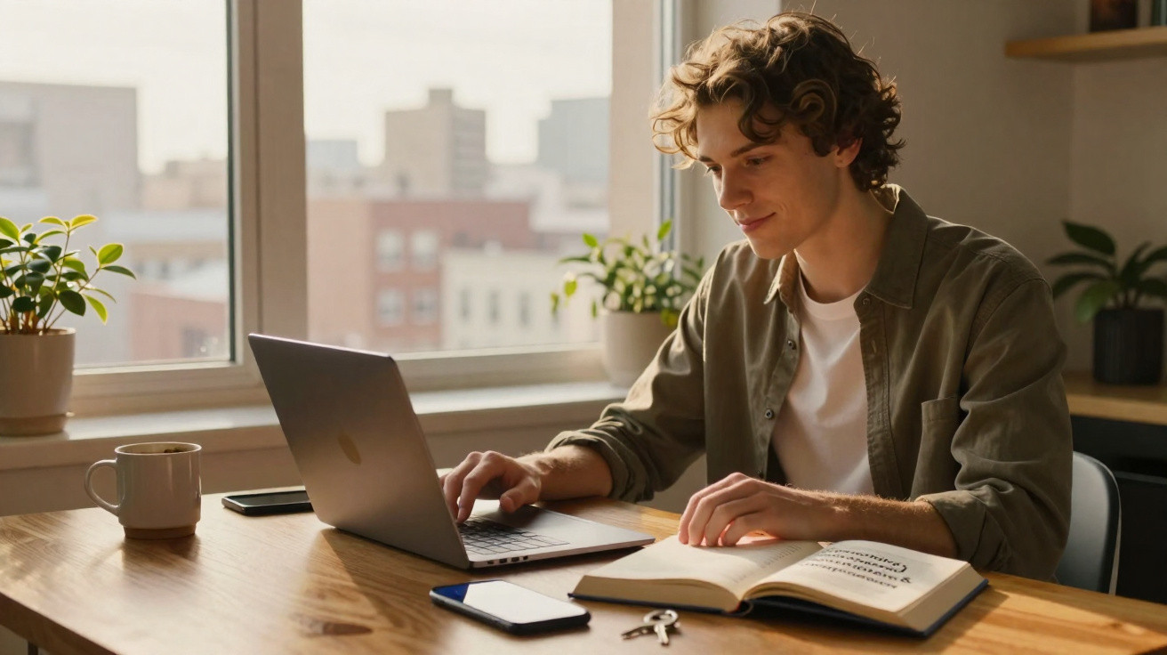 Young man working on a laptop at a wooden table with an open book, smartphone, keys, and plants by the window.