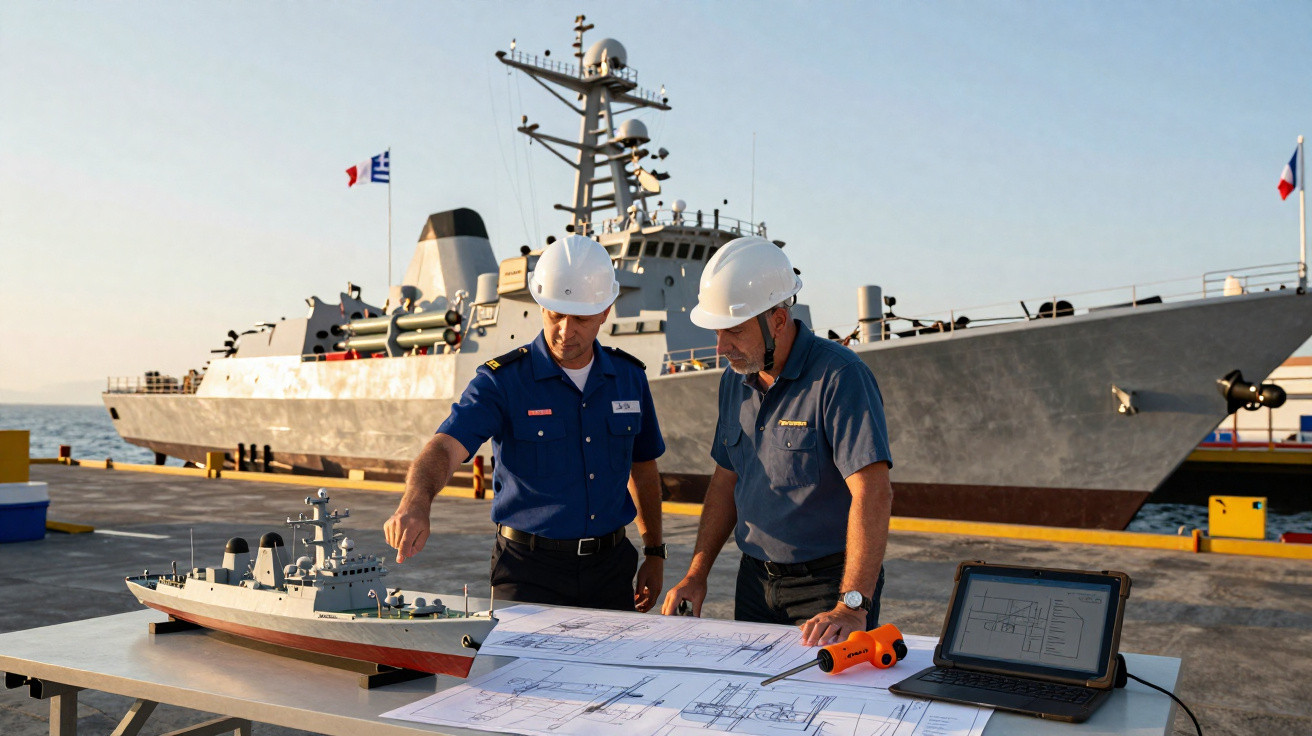 Two men in hard hats examine ship blueprints on a table near a naval vessel at a dockyard.
