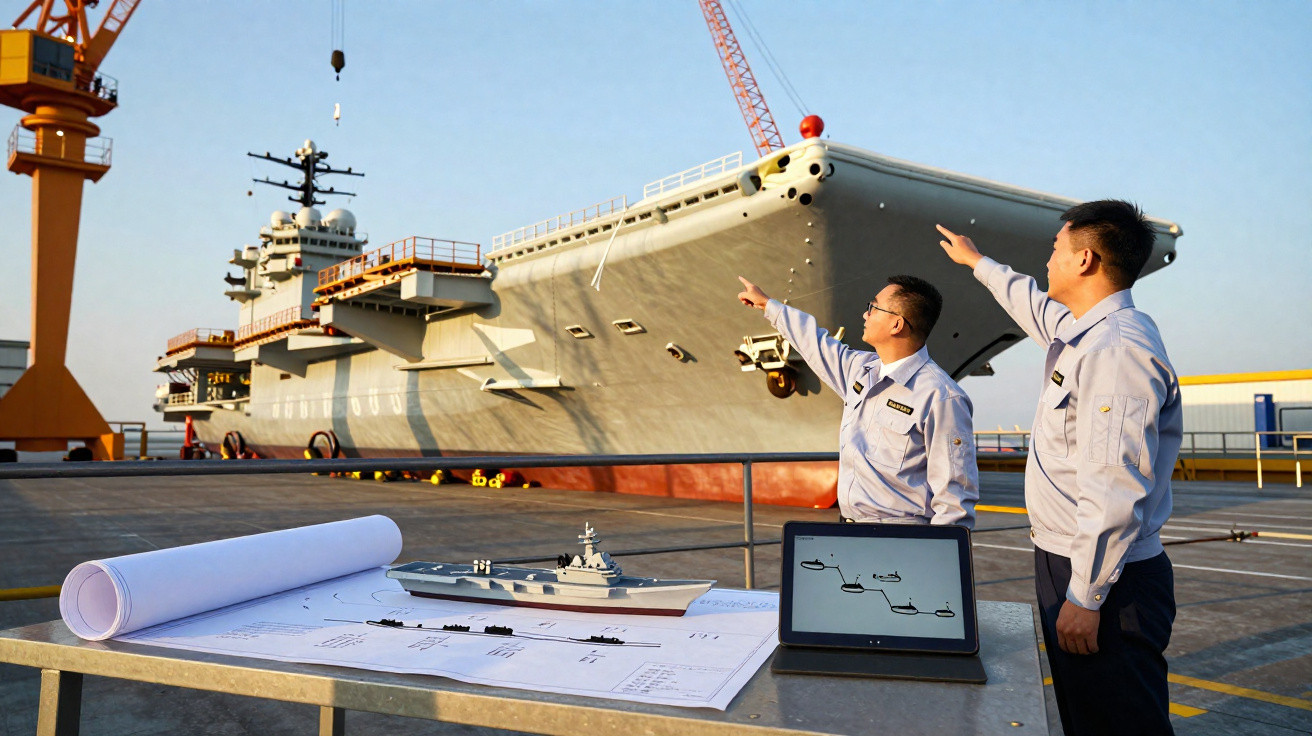 Two men in uniform discuss ship construction near a docked aircraft carrier with plans and models on a table.