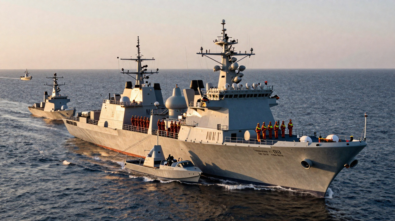 Naval warships sailing in formation on calm sea with crew standing on decks during sunset.