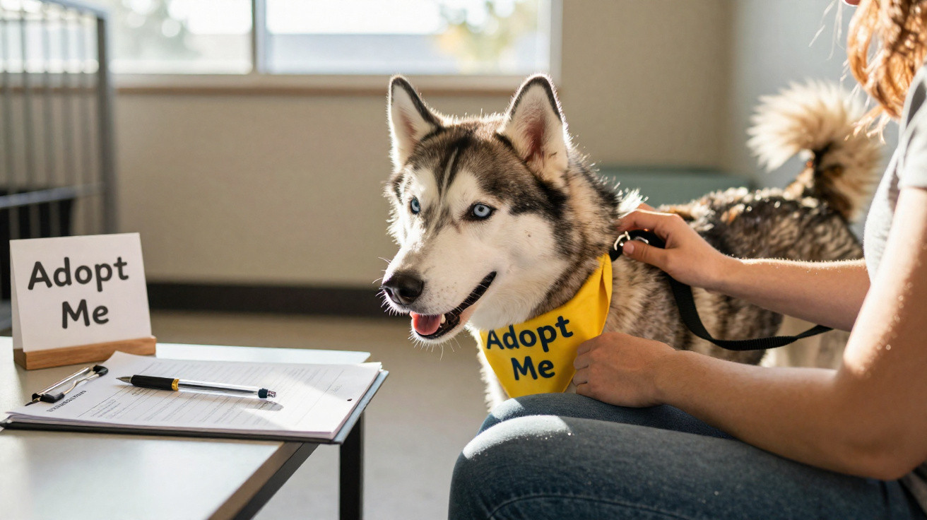 Husky dog wearing yellow Adopt Me bandana sitting next to a person filling out adoption forms indoors.