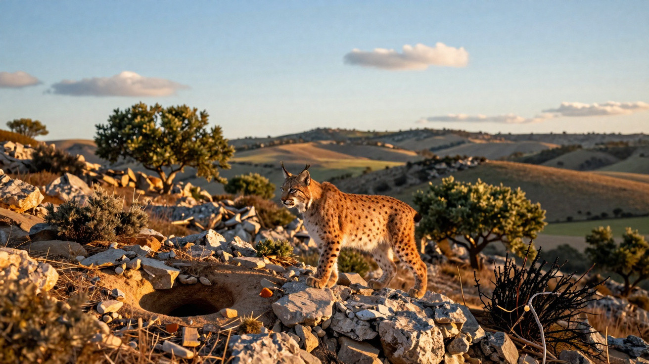 Eurasian lynx standing on rocky terrain with shrubs and rolling hills under a clear sky at sunset.