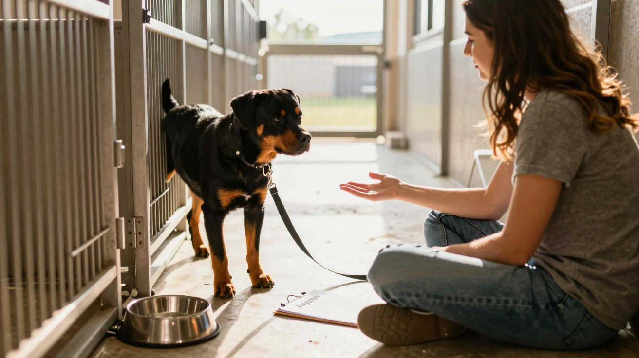 Woman in casual clothes sits on floor training a Rottweiler puppy in a kennel corridor with food bowl nearby.