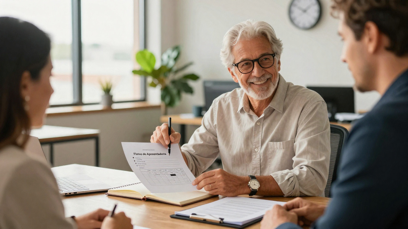 Older man with glasses smiling and holding a document during a business meeting with two younger colleagues.