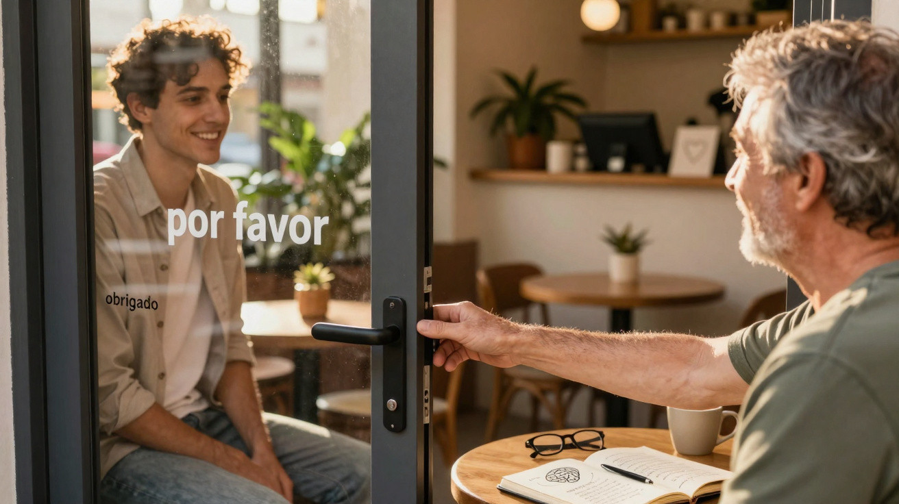 Older man opening café door for young man waiting outside with "por favor" sign on glass.
