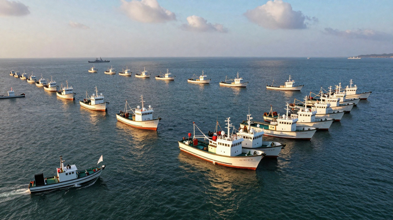 Multiple white fishing boats and trawlers forming a V formation on calm sea under a partly cloudy sky.