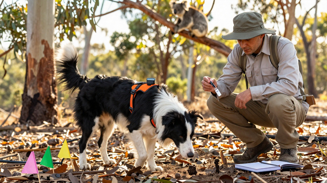 Man with a collar-wearing dog sniffing the ground in a forest with a koala in the background.