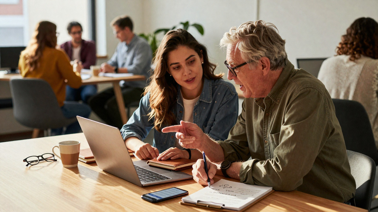 Older man and young woman discussing documents at a table with a laptop and smartphone in a busy office.