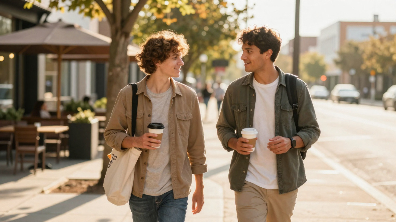 Two young men walking on a sunny street, holding coffee cups and smiling at each other.