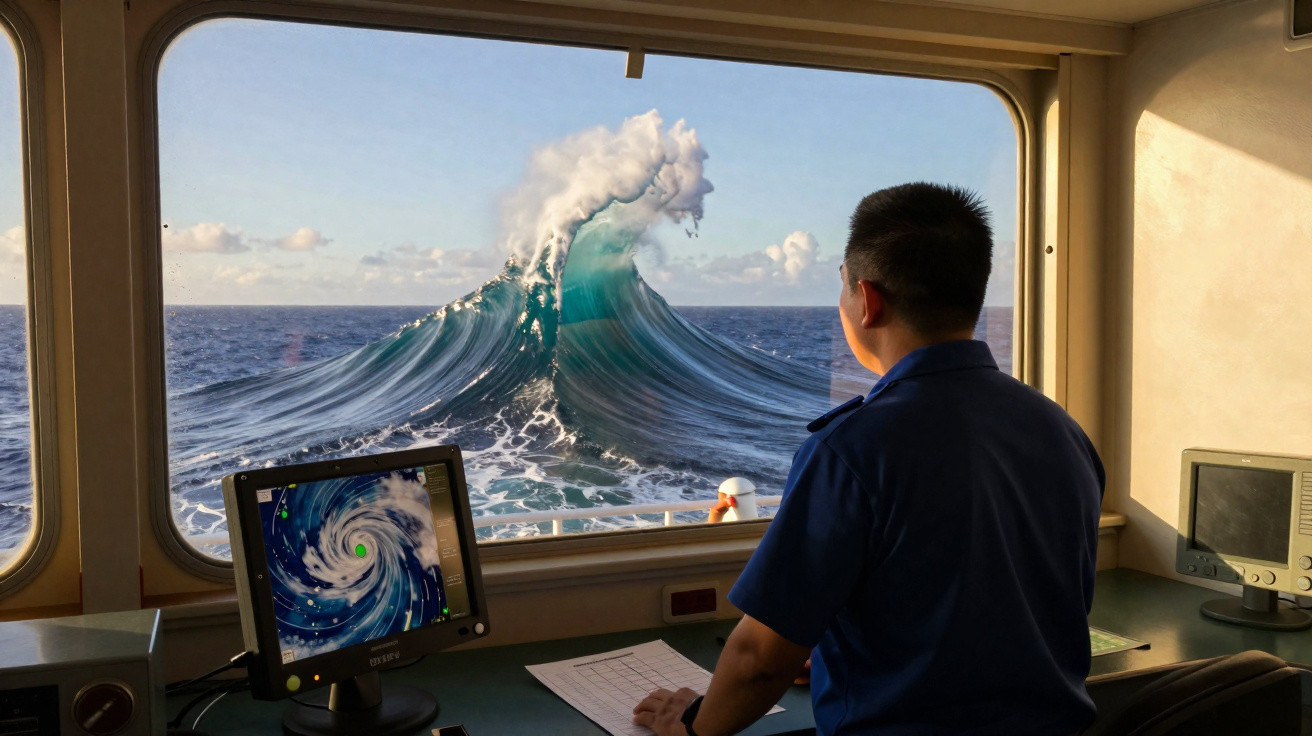 Person in uniform monitoring a large ocean wave resembling a cyclone through a ship's window with radar screens nearby.