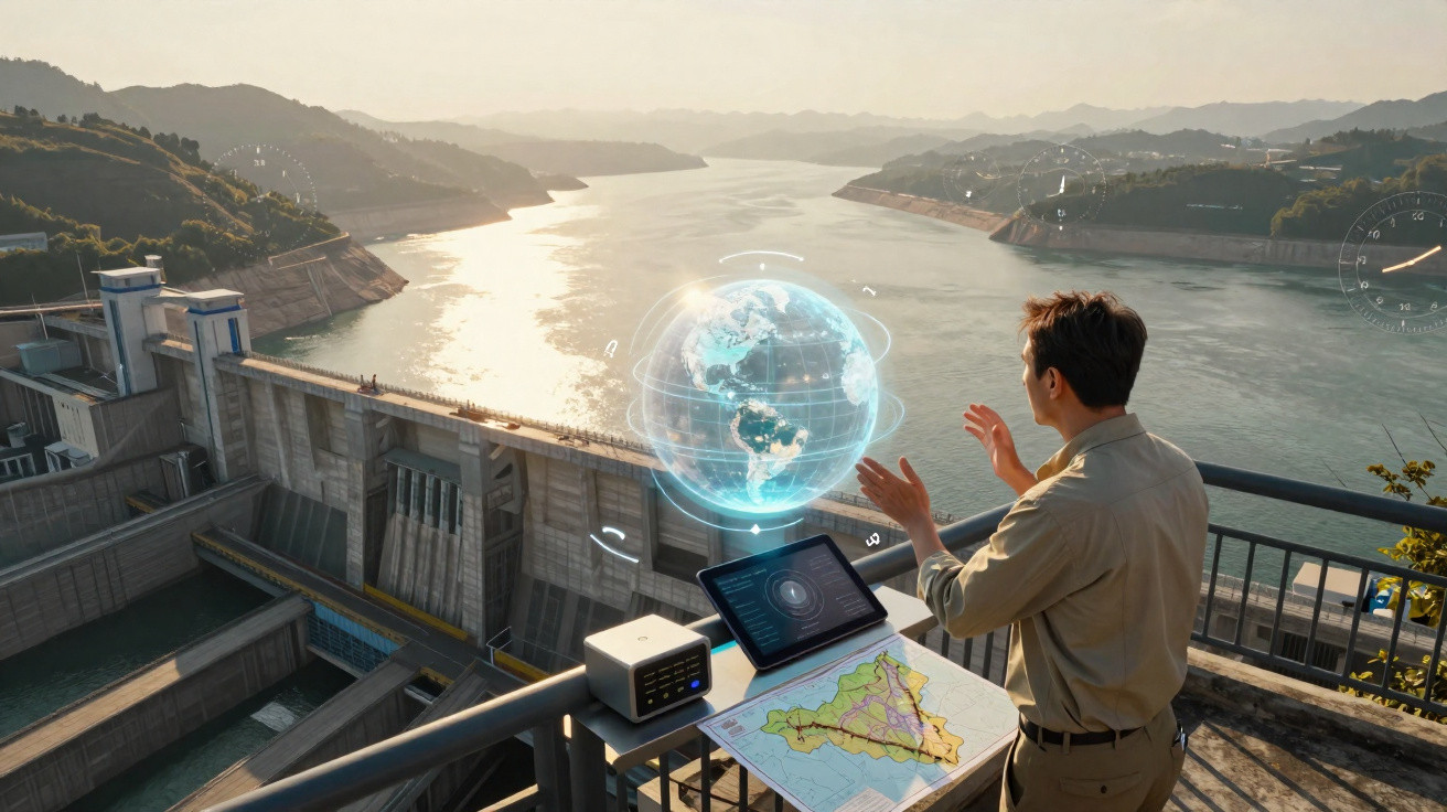 Man interacting with a holographic globe by a dam with tablets and maps on a railing at sunset.