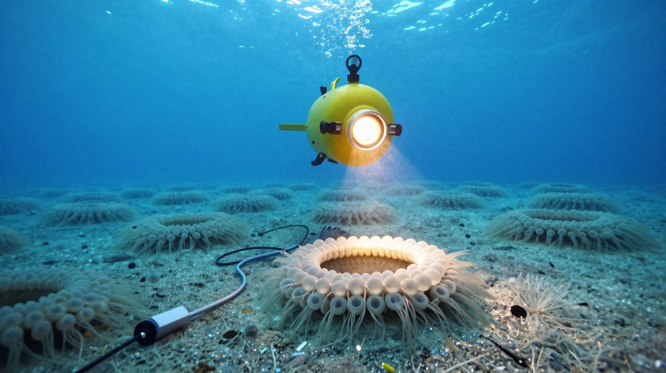 Underwater yellow submersible with light illuminating sea anemones on ocean floor.