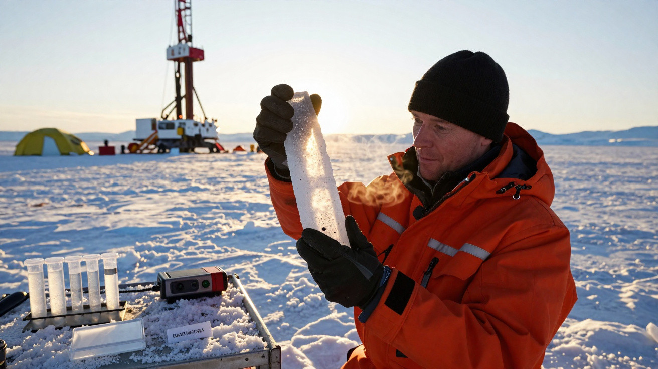 Scientist in orange jacket examining ice core sample in snowy Arctic landscape at sunrise with research equipment nearby.