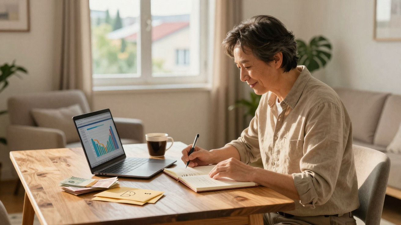 Middle-aged person writing notes at a wooden table with a laptop and coffee in a sunlit room.
