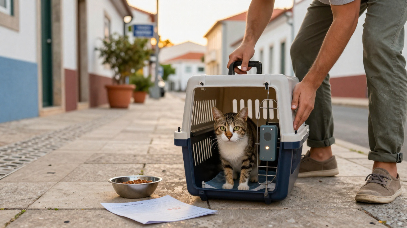Tabby cat inside a pet carrier on a street, with a food bowl and paper nearby and a person adjusting the carrier door.