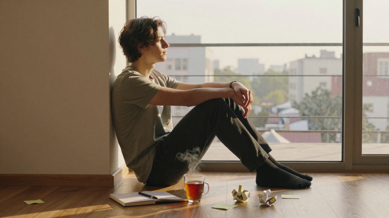 Young man sitting on the floor by a window, lost in thought, with tea, notebook, and crumpled paper nearby.